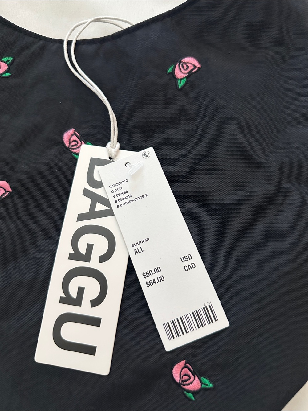 BAGGU Black Tote with Pink Rose Embroidery - Picture 3 of 5